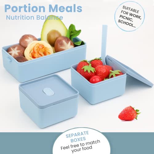 Bugucat Lunch Box 45 OZ, Double Stackable Bento Box Container Meal Prep Containe With Cutlery, 2 Tier and 3 Compartment Design Food Containers for Lunch Snacks,Lunch Box for Adults Blue