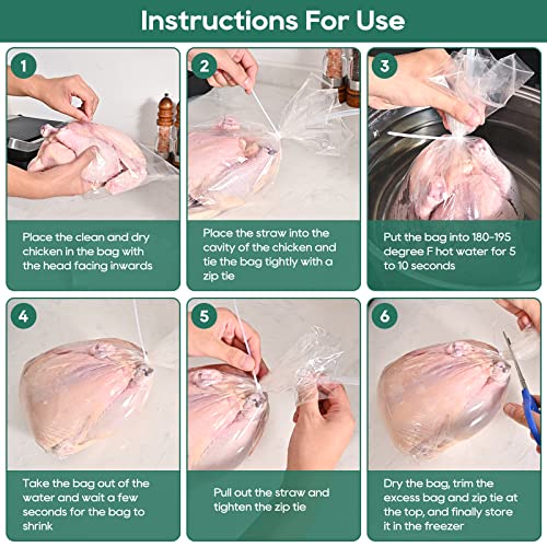 50 Pcs Poultry Shrink Bags, 10x16 Inch Chicken Shrink Wrap Bags, BPA/BPS Free Heat Shrink Bags for Food Storage and Keeping Fresh, Include Silicone Straw and 50 Zip Ties