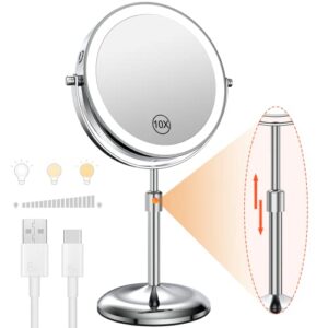 benbilry lighted makeup mirror with adjustable stand, [3 color dimmable lights & 1x/10x magnification & type-c rechargeable] 7" double sided vanity mirror, 360° swivel cordless standing mirror silver