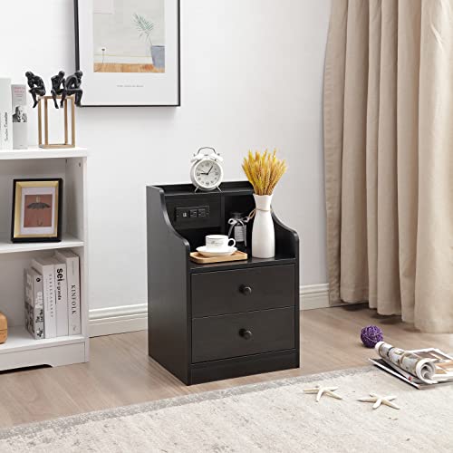 Royal Wood RUIENHOME Nightstand with Charging Station 2 Drawers, Sofa End Table Side USB Ports and Outlet, Bedside Bedroom Nightstand, Storage for Bedroom, Black, 16.15 in W x 23.63 H x 14.17 D