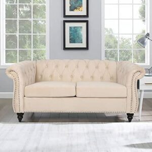 miyzeal modern chesterfield loveseat, velvet 2 seater couch upholstered sofa with tufted back, roll arm classic settee with nailhead trim for living room bedroom (beige)