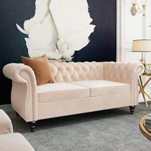 MIYZEAL Modern Chesterfield Loveseat, Velvet 2 Seater Couch Upholstered Sofa with Tufted Back, Roll Arm Classic Settee with Nailhead Trim for Living Room Bedroom (Beige)