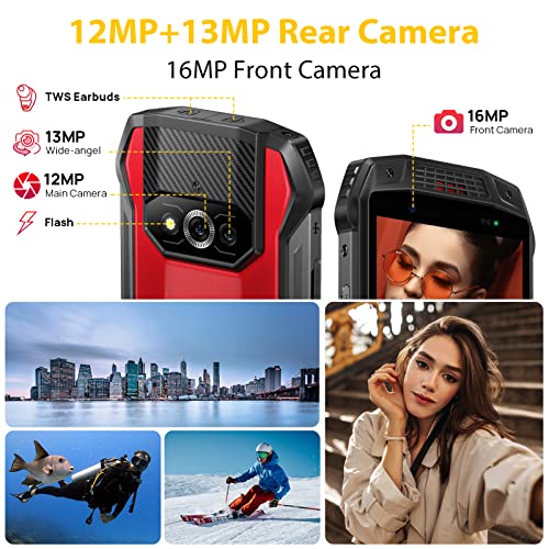 Ulefone Rugged Smartphone, Armor 15 Rugged Phone Built in TWS Earbuds, 11GB+128GB, 6600mAh, Android 12, 13MP Wide-Angle Lens, 16MP Front Camera, NFC, Headset-Free, Face Unlock + Fingerprint ID, Red