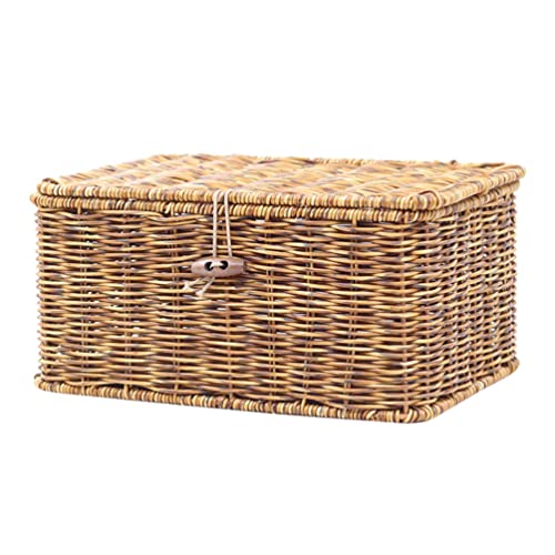 Zerodeko Wicker Storage Basket Rattan Storage Basket with Lid Rectangular Makeup Organizer Container Woven Shelf Baskets Wicker Storage Bins for Organizing Groceries Closet Laundry Room