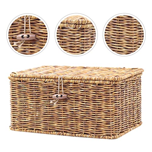 Zerodeko Wicker Storage Basket Rattan Storage Basket with Lid Rectangular Makeup Organizer Container Woven Shelf Baskets Wicker Storage Bins for Organizing Groceries Closet Laundry Room