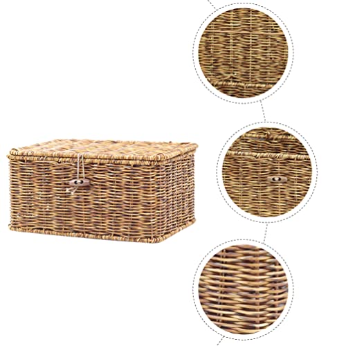 Zerodeko Wicker Storage Basket Rattan Storage Basket with Lid Rectangular Makeup Organizer Container Woven Shelf Baskets Wicker Storage Bins for Organizing Groceries Closet Laundry Room