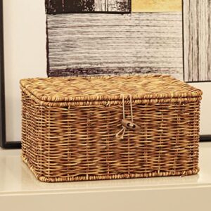 Zerodeko Wicker Storage Basket Rattan Storage Basket with Lid Rectangular Makeup Organizer Container Woven Shelf Baskets Wicker Storage Bins for Organizing Groceries Closet Laundry Room