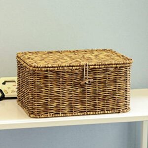 Zerodeko Wicker Storage Basket Rattan Storage Basket with Lid Rectangular Makeup Organizer Container Woven Shelf Baskets Wicker Storage Bins for Organizing Groceries Closet Laundry Room