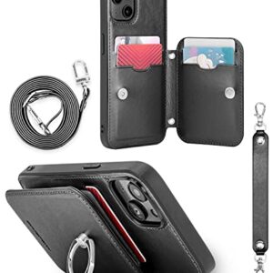 GOOSPERY Rich-Fit iPhone 14 Plus Crossbody Wallet Case for iPhone 14 Plus Case [Strap Included] with Card Holder Lanyard Magnetic Clasp [Kickstand Ring] Heavy Duty Protection, Black