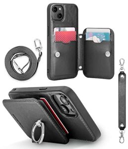 goospery rich-fit iphone 14 plus crossbody wallet case for iphone 14 plus case [strap included] with card holder lanyard magnetic clasp [kickstand ring] heavy duty protection, black