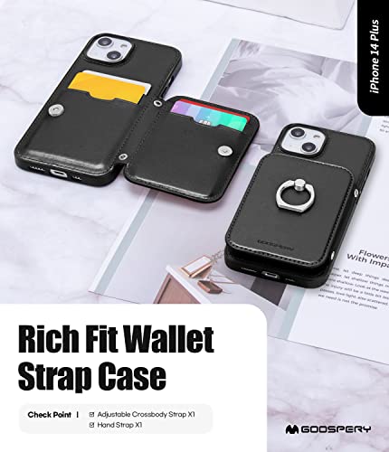 GOOSPERY Rich-Fit iPhone 14 Plus Crossbody Wallet Case for iPhone 14 Plus Case [Strap Included] with Card Holder Lanyard Magnetic Clasp [Kickstand Ring] Heavy Duty Protection, Black