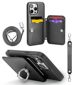 goospery rich-fit iphone 14 pro max crossbody wallet case for iphone 14 pro max case [strap included] with card holder lanyard magnetic clasp [kickstand ring] heavy duty protection, black