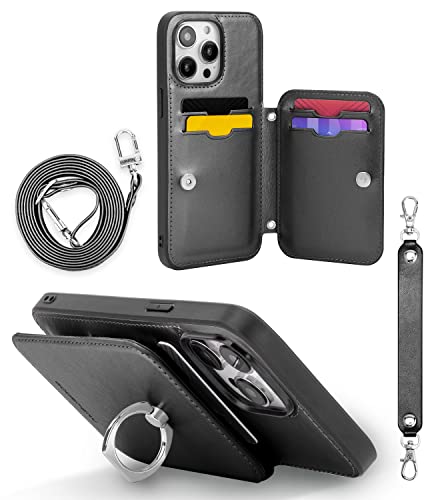 GOOSPERY Rich-Fit iPhone 14 Pro Max Crossbody Wallet Case for iPhone 14 Pro Max Case [Strap Included] with Card Holder Lanyard Magnetic Clasp [Kickstand Ring] Heavy Duty Protection, Black