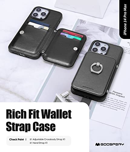 GOOSPERY Rich-Fit iPhone 14 Pro Max Crossbody Wallet Case for iPhone 14 Pro Max Case [Strap Included] with Card Holder Lanyard Magnetic Clasp [Kickstand Ring] Heavy Duty Protection, Black