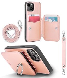 goospery rich-fit iphone 14 crossbody wallet case for iphone 14 case [strap included] with card holder lanyard magnetic clasp [kickstand ring] heavy duty protection, rose gold