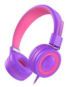 kids headphones, eposy e10 wired headphones for kids foldable stereo bass headphones with adjustable headband, tangle-free 3.5 mm jack for school, on-ear headset for boys girls cellphones(pink/purple)