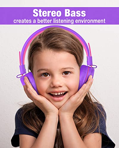 Kids Headphones, Eposy E10 Wired Headphones for Kids Foldable Stereo Bass Headphones with Adjustable Headband, Tangle-Free 3.5 mm Jack for School, On-Ear Headset for Boys Girls Cellphones(Pink/Purple)