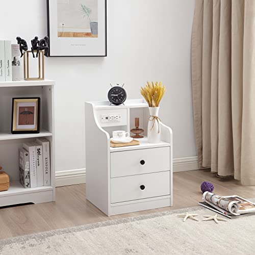 Royal Wood RUIENHOME Nightstand with Charging Station 2 Drawers, Sofa End Table Side Table with USB Ports and Outlet, Bedside Table Bedroom Nightstand, Wood Table with Storage for Bedroom, White