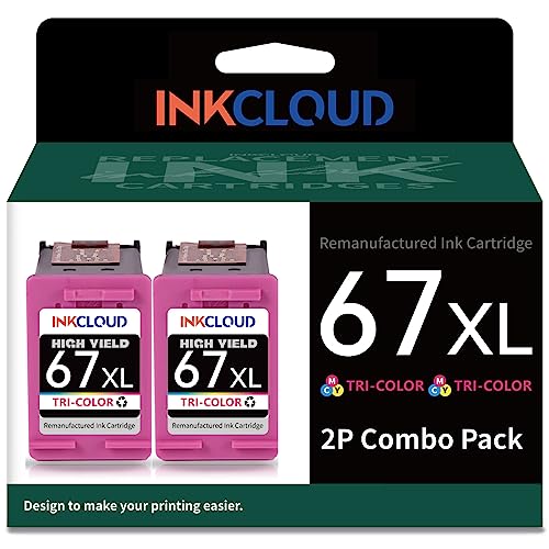 INKCLOUD Remanufactured 67XL Color Ink Cartridge High-Yield Compatible with HP 67 XL for HP DeskJet 1255 2732 2752 2755 Envy Pro 6452 6455 6458 DeskJet Plus 4140 4152 Printer(2Color)