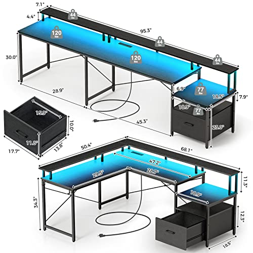 Rolanstar Computer Desk with File Drawer, 68" L Shaped Desk with Power Outlet & LED Strip, L Shaped Computer Corner Desk with File Cabinet, Gaming Desk with Monitor Shelf, Home Office Desk, Black