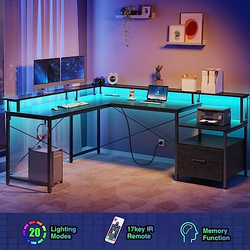 Rolanstar Computer Desk with File Drawer, 68" L Shaped Desk with Power Outlet & LED Strip, L Shaped Computer Corner Desk with File Cabinet, Gaming Desk with Monitor Shelf, Home Office Desk, Black