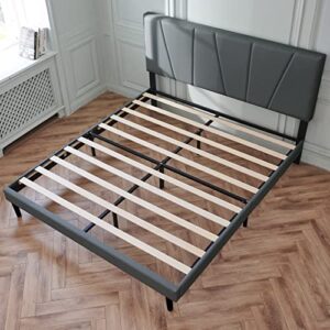 IYEE NATURE Full Size Platform Bed Frame with Headboard and Wood Slat Support, Full Bed for Large Storage Space/Mattress Foundation/No Box Spring Needed/Easy Assembly, Grey