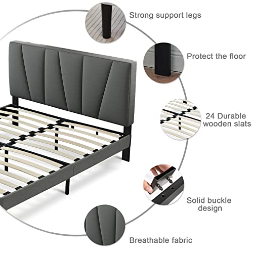 IYEE NATURE Full Size Platform Bed Frame with Headboard and Wood Slat Support, Full Bed for Large Storage Space/Mattress Foundation/No Box Spring Needed/Easy Assembly, Grey