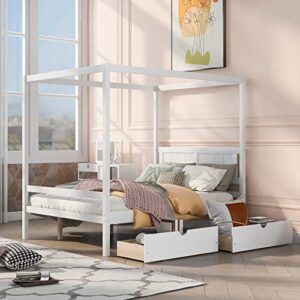 moeo full size canopy platform bed with 2 drawers, slat support leg, wood bedfram w/guardrail for kids, adults, no spring box required, white