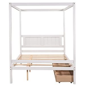 MOEO Full Size Canopy Platform Bed with 2 Drawers, Slat Support Leg, Wood Bedfram w/Guardrail for Kids, Adults, No Spring Box Required, White