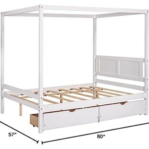 MOEO Full Size Canopy Platform Bed with 2 Drawers, Slat Support Leg, Wood Bedfram w/Guardrail for Kids, Adults, No Spring Box Required, White