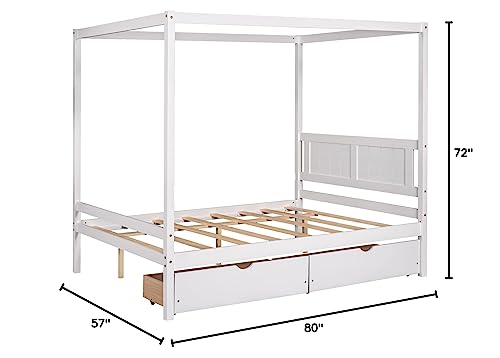 MOEO Full Size Canopy Platform Bed with 2 Drawers, Slat Support Leg, Wood Bedfram w/Guardrail for Kids, Adults, No Spring Box Required, White