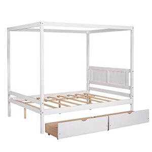 MOEO Full Size Canopy Platform Bed with 2 Drawers, Slat Support Leg, Wood Bedfram w/Guardrail for Kids, Adults, No Spring Box Required, White