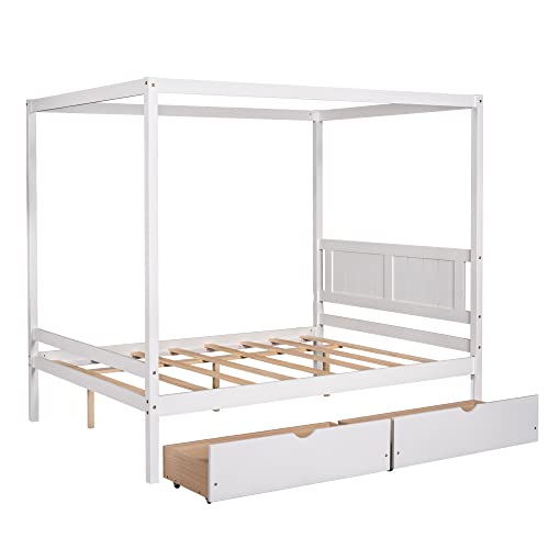 MOEO Full Size Canopy Platform Bed with 2 Drawers, Slat Support Leg, Wood Bedfram w/Guardrail for Kids, Adults, No Spring Box Required, White