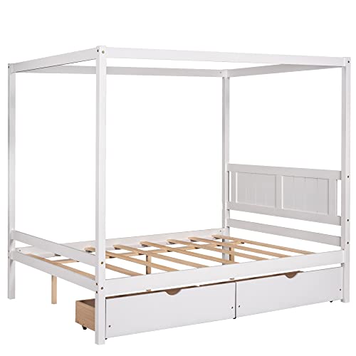 MOEO Full Size Canopy Platform Bed with 2 Drawers, Slat Support Leg, Wood Bedfram w/Guardrail for Kids, Adults, No Spring Box Required, White