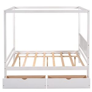 MOEO Full Size Canopy Platform Bed with 2 Drawers, Slat Support Leg, Wood Bedfram w/Guardrail for Kids, Adults, No Spring Box Required, White