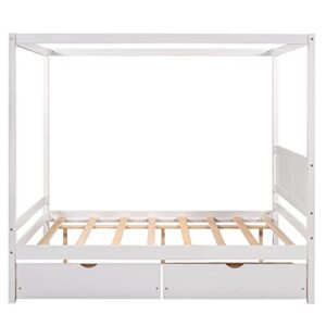 MOEO Full Size Canopy Platform Bed with 2 Drawers, Slat Support Leg, Wood Bedfram w/Guardrail for Kids, Adults, No Spring Box Required, White