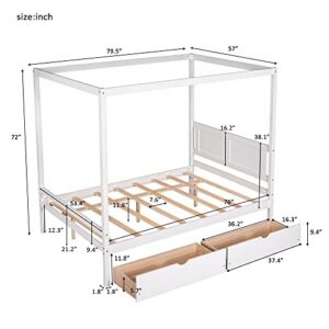 MOEO Full Size Canopy Platform Bed with 2 Drawers, Slat Support Leg, Wood Bedfram w/Guardrail for Kids, Adults, No Spring Box Required, White