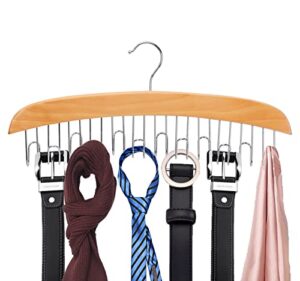 belt hanger for closet, 360° rotating wood belt organizer with 12 chrome hooks, resovo space saving durable hanging closet rack for belts, tank tops. accessories holder for ties, scarves-wood