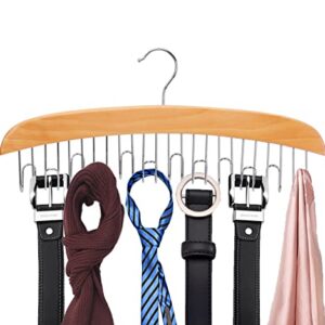 Belt Hanger for Closet, 360° Rotating Wood Belt Organizer with 12 Chrome Hooks, Resovo Space Saving Durable Hanging Closet Rack for Belts, Tank Tops. Accessories Holder for Ties, Scarves-Wood