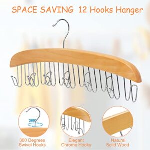 Belt Hanger for Closet, 360° Rotating Wood Belt Organizer with 12 Chrome Hooks, Resovo Space Saving Durable Hanging Closet Rack for Belts, Tank Tops. Accessories Holder for Ties, Scarves-Wood