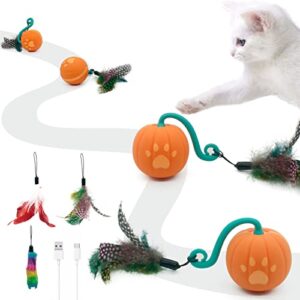 rreteck automatic moving cat toys, cute interactive cat toys for indoor, cats ball bundle + feather kitten toys in pack. smart electric teaser cat feather toys, usb rechargeable, 3 feathers