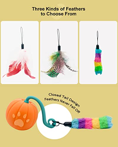 RRETECK Automatic Moving Cat Toys, Cute Interactive Cat Toys for Indoor, Cats Ball Bundle + Feather Kitten Toys in Pack. Smart Electric Teaser Cat Feather Toys, USB Rechargeable, 3 Feathers