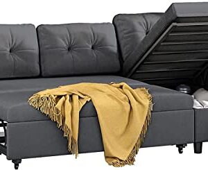 MUZZ Pull Out Sleeper Sofa with Storage, Reversible Pull Out Sofa Couch, L-Shaped Sectional Sofa with Chaise and Pocket, Ideal for Living Room, Apartment and Office (Dark Grey)