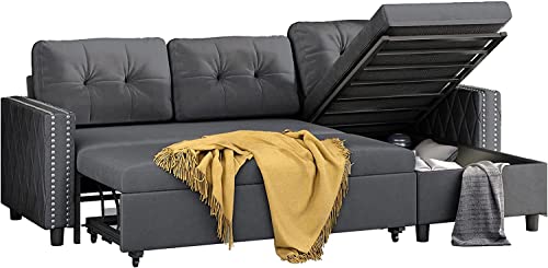 MUZZ Pull Out Sleeper Sofa with Storage, Reversible Pull Out Sofa Couch, L-Shaped Sectional Sofa with Chaise and Pocket, Ideal for Living Room, Apartment and Office (Dark Grey)