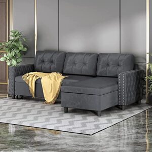 muzz pull out sleeper sofa with storage, reversible pull out sofa couch, l-shaped sectional sofa with chaise and pocket, ideal for living room, apartment and office (dark grey)