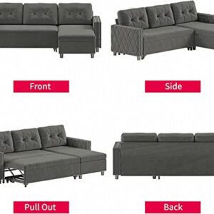 MUZZ Pull Out Sleeper Sofa with Storage, Reversible Pull Out Sofa Couch, L-Shaped Sectional Sofa with Chaise and Pocket, Ideal for Living Room, Apartment and Office (Dark Grey)