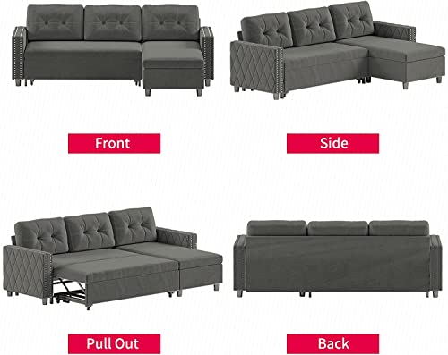 MUZZ Pull Out Sleeper Sofa with Storage, Reversible Pull Out Sofa Couch, L-Shaped Sectional Sofa with Chaise and Pocket, Ideal for Living Room, Apartment and Office (Dark Grey)