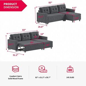 MUZZ Pull Out Sleeper Sofa with Storage, Reversible Pull Out Sofa Couch, L-Shaped Sectional Sofa with Chaise and Pocket, Ideal for Living Room, Apartment and Office (Dark Grey)