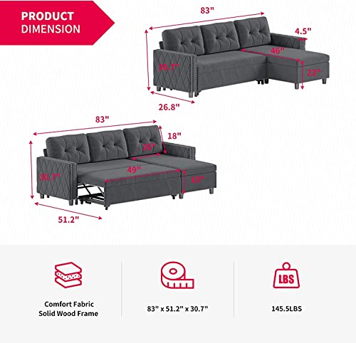 MUZZ Pull Out Sleeper Sofa with Storage, Reversible Pull Out Sofa Couch, L-Shaped Sectional Sofa with Chaise and Pocket, Ideal for Living Room, Apartment and Office (Dark Grey)