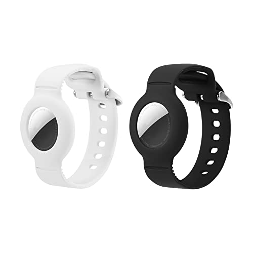 AMIR AirTag Wristband Kids(2 Pack) - Soft Silicone Air tag Bracelet for Kids - Adjustable Anti Lost Watch Band Compatible with Apple Air tag for Toddler Child (Black&White)